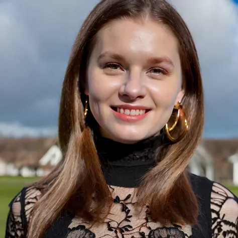 Caucasian, close-up, portrait, masterpiece, best quality, (photorealistic:1.3), 1girl, solo, long hair, brown eyes, brown hair, smile, highly detailed intricate black lace turtleneck dress, necklace, hoop earrings, expansive sky, clouds
