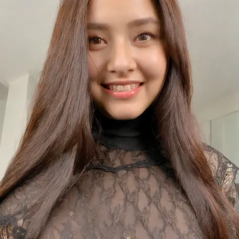 close-up, portrait, masterpiece, best quality, (photorealistic:1.3), 1girl, solo, long hair, brown eyes, brown hair, smile, highly detailed intricate black lace turtleneck dress,