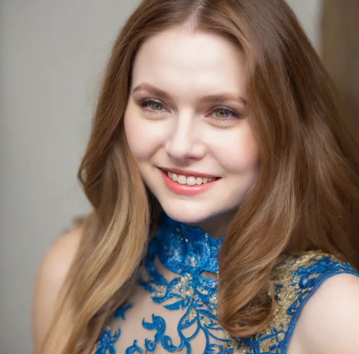 close-up portrait of a happy nice Caucasian woman eyeing camera, masterpiece, best quality, (photorealistic:1.3), 1girl, solo, highly detailed intricate dress, smile,