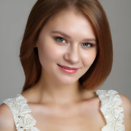 close-up portrait of a nice Caucasian woman, masterpiece, best quality, (photorealistic:1.3), 1girl, solo, highly detailed intricate dress, smile,