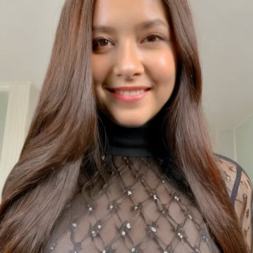 close-up, portrait, masterpiece, best quality, (photorealistic:1.3), 1girl, solo, long hair, brown eyes, brown hair, smile, highly detailed intricate black lace turtleneck dress,