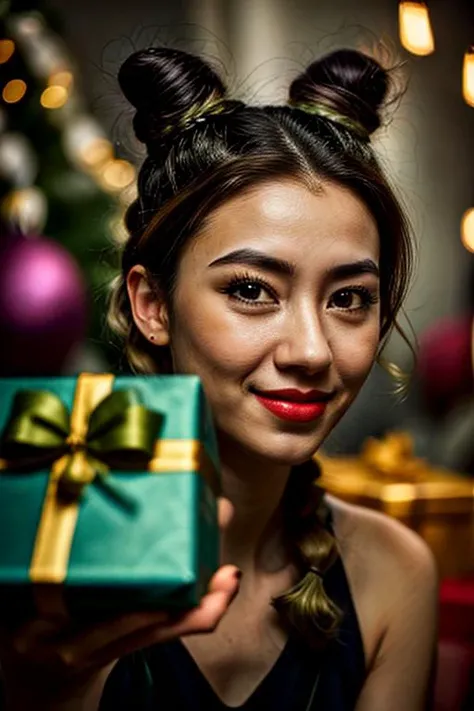 beautiful jolynejojo giving a (large present box), (holding a box with hands), (giving a gift to you), happy expression, smiling, daylight, big smile, in the front room, christmas backdrop, summer scenery, christmas decorations, presents under the christmas tree, green summer dress, braid, braided bun, double bun, green eyes, green hair, green lips, hair bun, hair cones, lipstick, makeup, multicolored hair, portrait, solo, two-tone hair, m4cr0 <lora:jolynejojo:1>
<lora:difConsistency_detail:0.15> <lora:more_details:0.25> <lora:epiCRealismHelper:0.75> <lora:speedy1p5:1.15>
