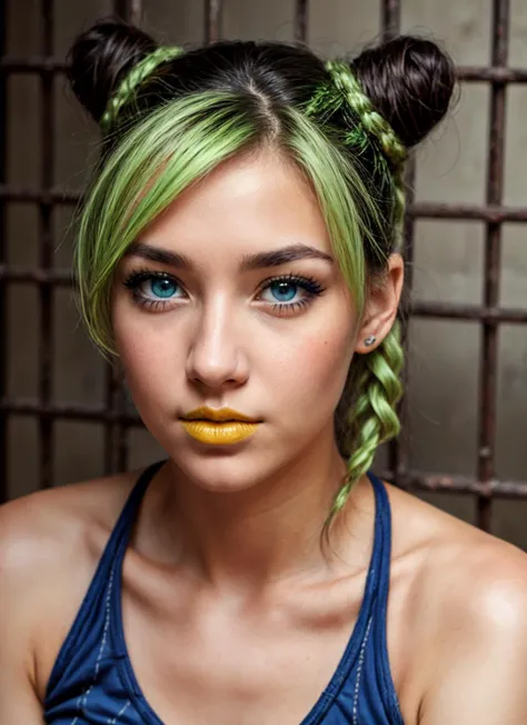 HDR, 8K resolution, intricate detail, sophisticated detail, depth of field, photorealistic, sharp focus, closeup portrait, Medium Close-Up shot, mixed race girl, (green hair), braided_low ponytail , yellow lipstick, (solo) ((blue eyes, bright eyes)), perfect face, crop top, blue clothing, 1girl, jolynejojo , <lora:jolynejojo:0.95>, (American prison courtyard background), <lora:add_detail:0.75>