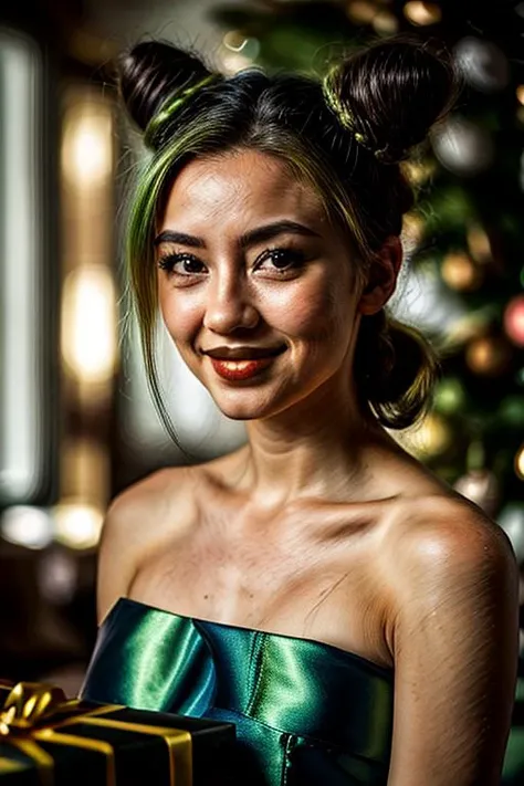 beautiful girl giving a (large present box, holding a box with hands, giving a gift to you), happy expression, smiling, big smile, in the front room, christmas backdrop, summer scenery, christmas decorations, presents under the christmas tree, 1girl, bare shoulders, green summer dress, braid, braided bun, breasts, cleavage, double bun, green eyes, green hair, green lips, hair bun, hair cones, jolynejojo, lipstick, makeup, multicolored hair, portrait, solo, two-tone hair, m4cr0 <lora:jolynejojo:1>
<lora:difConsistency_detail:0.35> <lora:more_details:0.45> <lora:epiCRealismHelper:1> <lora:speedy1p5:1.15>