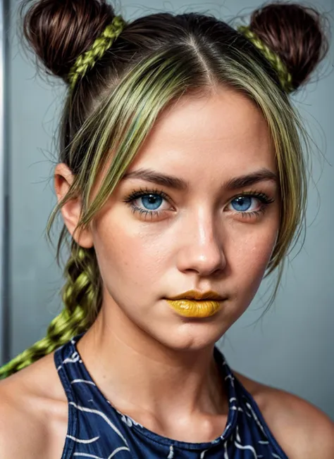 HDR, 8K resolution, intricate detail, sophisticated detail, depth of field, photorealistic, sharp focus, closeup portrait, Medium Close-Up shot, mixed race girl, (green hair), braided_low ponytail , yellow lipstick, (solo) ((blue eyes, bright eyes)), perfect face, crop top, blue clothing, 1girl, jolynejojo , <lora:jolynejojo:0.95>, (American prison background), <lora:add_detail:0.75>