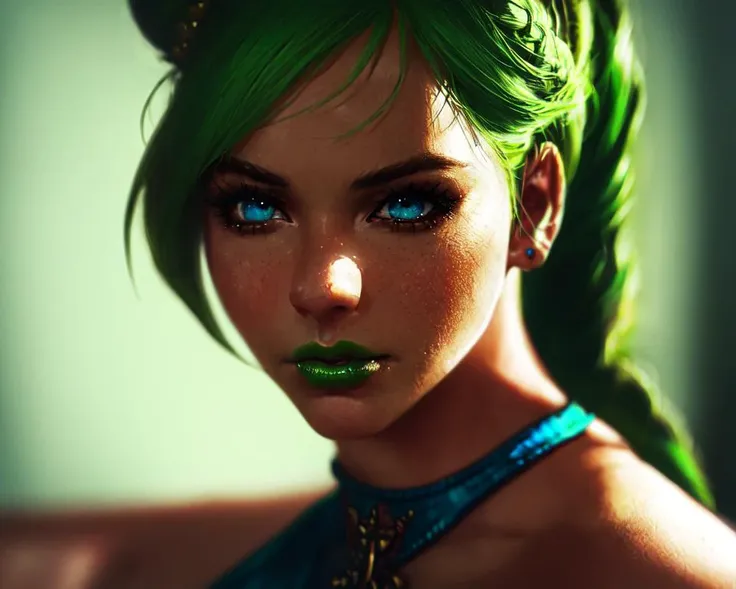 upper body shot of beautiful (kujo_jolyne) sitting on couch, teasing, blush, parted lips, hair buns, braided_ponytail, green_lips, makeup, green_hair, two-tone_hair, medium breasts,

realistic, best quality, masterpiece, film grain, (lens distortion:0.7), (chromatic aberration:0.7), blurry background, contrapposto, looking at viewer, highres, superb, 8k wallpaper, extremely detailed, intricate, unreal engine 5, volumetric lighting, realistic, realistic lighting, cinematic, 4k, cinematic lighting, 8k, depth of field, 3d, masterpiece, perfect, award-winning, hyper-detailed, photorealistic, ultra realistic, realistic light, hard lighting, intricate details, stop motion, hyperfocus, tonemapping, sharp focus, hyper detailed, detailed eyes, eyes focus, (illustration:1.1), highres, (extremely detailed CG unity 8k wallpaper:1.1), (solo:1.2), 1girl, (beautiful face:1.15),

(nixeu_soft:0.7), (nixeu_white:0.7), <lora:jolyneCujoh_v1:0.6>  <hypernet:sxz-snyderstyle-800:0.6>