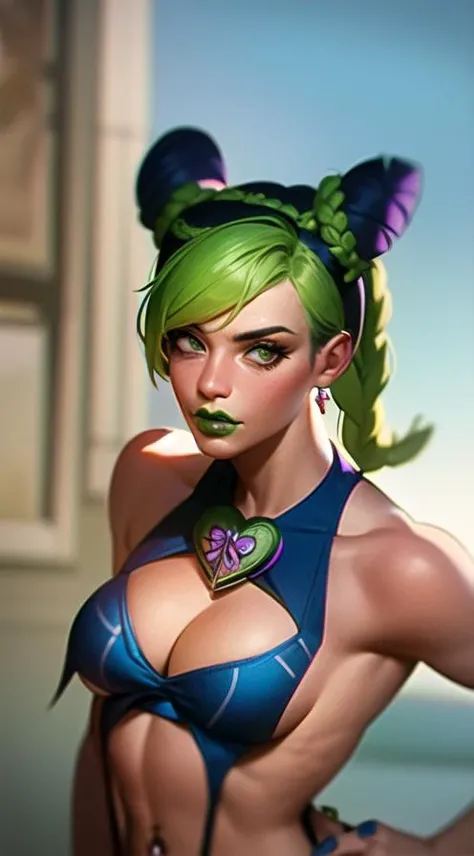 kujo_jolyne, 1girl, masterpiece, best quality, show tits, medium breast, navel, ribs, extremely detailed, hyper detailed, double_bun, green_lips, braided_ponytail, halterneck, sleeveless_shirt, spider_web_print, green eye, --no-half-vae, --disable-nan-check <lora:jolyneCujohLora_v1:1>