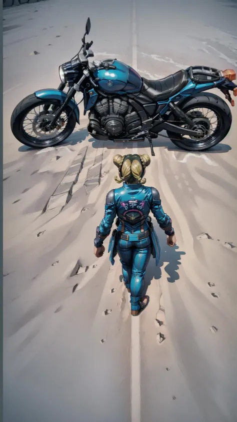 <lora:jolyne:0.7> jolyne, 1girl, blonde hair, BREAK, <lora:concept_akiraposter:0.8> akiraposter, from above, from behind, walking, ground vehicle, motorcycle, masterpiece, best quality, extremely detailed, highly quality, 4k, sharp focus, professional, sharp focus, award winning, cinematic lighting, octane render, unreal engine, volumetrics dtx, Wallpaper,