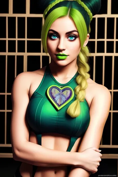<lora:jolyneCujohLora_v1:1> jolyne clothing, beautiful woman, young, beautiful, beautiful, realistic, full hd, 4k, 32k, real, skin texture,kujo_jolyne,double_bun,green_lips,braided_ponytail,halterneck,sleeveless_shirt,spider_web_print, pale skin, dslr, soft lighting, high quality, film grain, muscled body busty, green eyes, hand over de left forearm, green braid, high quality, full hd, professional photo