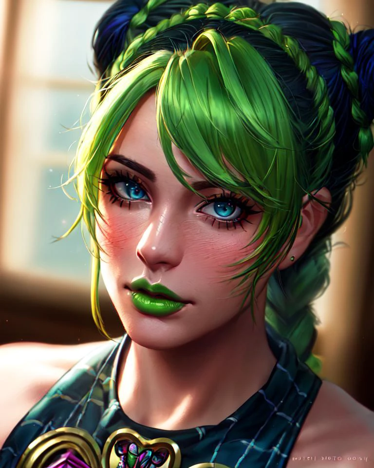 1girl, cowboy shot of beautiful (kujo_jolyne) sitting on couch, teasing, blush, parted lips, hair buns, braided_ponytail, green_lips, makeup, green_hair, two-tone_hair, medium breasts, realistic, best quality, masterpiece, film grain, (lens distortion:0.7), (chromatic aberration:0.7), blurry background
cowboy shot, contrapposto, looking at viewer, highres, superb, 8k wallpaper, extremely detailed, intricate, unreal engine 5, volumetric lighting, realistic, realistic lighting, cinematic, 4k, cinematic lighting, 8k, depth of field, 3d, masterpiece, perfect, award-winning, hyper-detailed, photorealistic, ultra realistic, realistic light, hard lighting, intricate details, stop motion, hyperfocus, tonemapping, sharp focus, hyper detailed, detailed eyes, eyes focus, (illustration:1.1), highres, (extremely detailed CG unity 8k wallpaper:1.1), (mid shot1.25), (portrait:1.25), (solo:1.2), 1girl, (beautiful face:1.15),
(nixeu_soft:0.7), (nixeu_white:0.7), <lora:jolyneCujoh_v1:0.6>