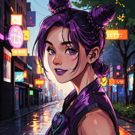 4k,  <lora:jolynejojo:1> , A girl, young, only face, a slight smile, yellow eyes, long twintail, loose hair, purple hair, (buns:1.2), purple lips, nature landscape, smile, bokeh, (cyberpunk:0.4), hdr