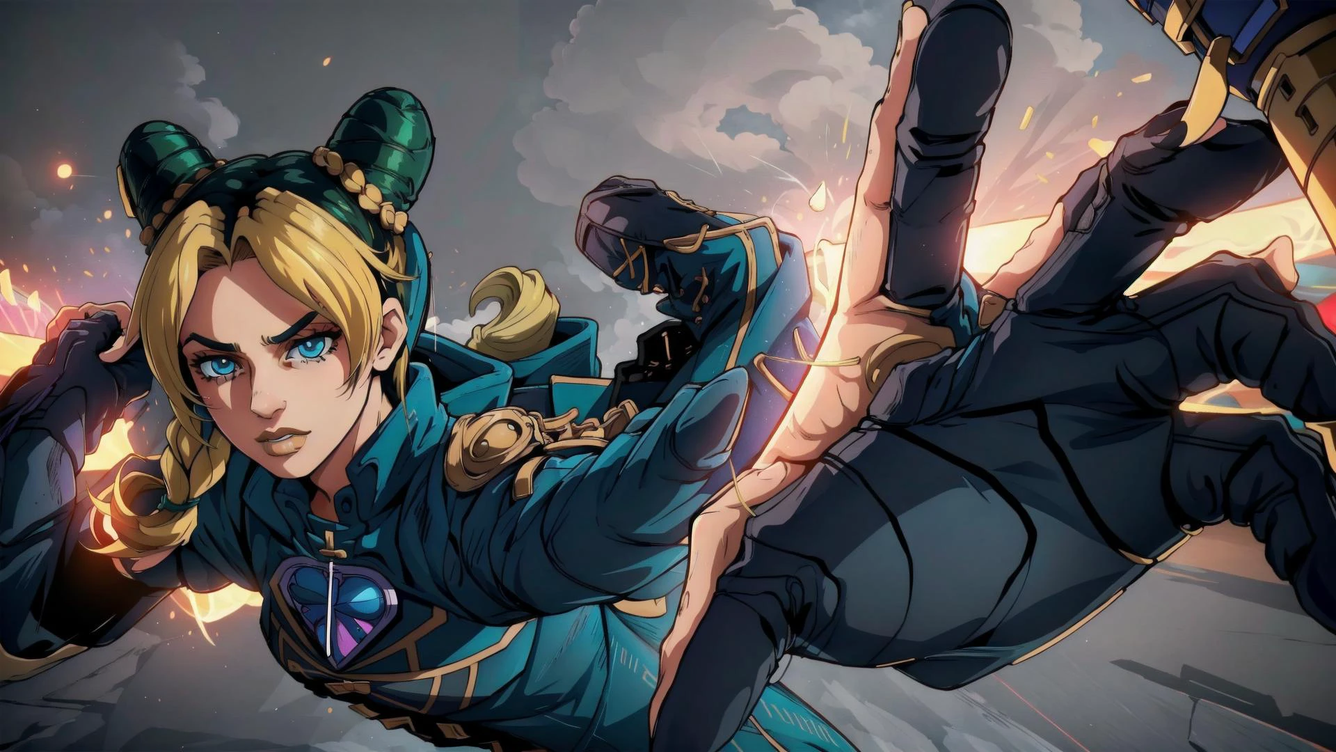 <lora:jolyne:0.7> jolyne, 1girl, blonde hair, main outfit, BREAK, <lora:PepePunchMemeV2:0.8> IncrsPunchMeme, incoming punch, simple background, <lora:GoodHands-vanilla:0.8>, masterpiece, best quality, extremely detailed, highly quality, 4k, sharp focus, professional, sharp focus, award winning, cinematic lighting, octane render, unreal engine, volumetrics dtx, Wallpaper,
