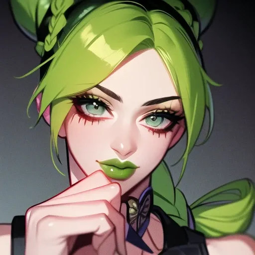 anime face, detailed eyes, female, feminine, spider_web_print, female, perfect face, perfect body, 4k, anime artwork, ((masterpiece)) illustration of kujo_jolyne, 1girl, ((solo)), hair buns, long hair, green_lips, makeup, green_hair, two-tone_hair, (extremely detailed, hyper detailed), (((intricate details))), soft lighting , amazing colors , jojo_no_kimyou_na_bouken<lora:kujojolyne-000001:1>