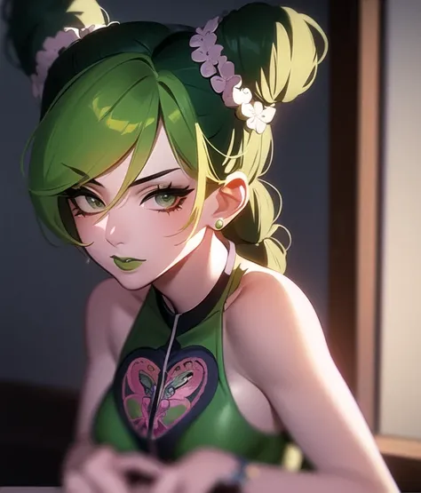 anime artwork, ((masterpiece)) illustration of kujo_jolyne, 1girl, solo, double_bun, green_lips, halterneck, clothed, (extremely detailed, hyper detailed), (((intricate details))), soft lighting <lora:kujojolyne-000001:0.9>