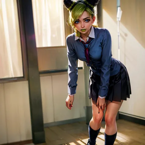 1girl, looking at viewer, beautiful face, standing, (full body), (sexy), (blush:0.4), (tie, schoolgirl uniform, long sleeve dress shirt, black pleated skirt, socks:1.2), [classroom],  (blur background:0.6), female focus,  sidelight, indoor light, volumetric lighting, (realistic:1.3),   <lora:jolyneCujohLora_v2:1>, jolynejojo, ((blue eyes, bright eyes)), 19 years old, green and blue hair, yellow lipstick
