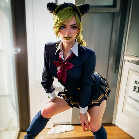 1girl, looking at viewer, beautiful face, standing, (full body), (sexy), (blush:0.4), (tie, schoolgirl uniform, long sleeve dress shirt, black pleated skirt, socks:1.2), [classroom],  (blur background:0.6), female focus,  sidelight, indoor light, volumetric lighting, (realistic:1.3),   <lora:jolyneCujohLora_v2:1>, jolynejojo, ((blue eyes, bright eyes)), 19 years old, green and blue hair, yellow lipstick, [2 legs]