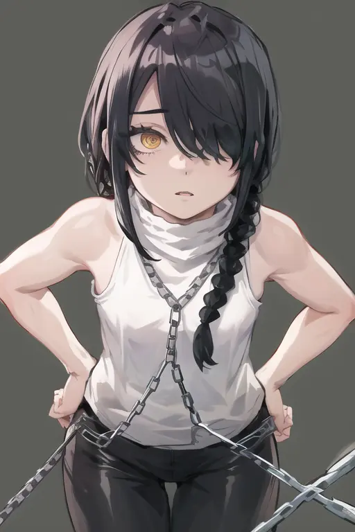 cowboy shot, nayuta, turtleneck, bare shoulders, bare arms, black pants, ringed eyes, red eyes, single braid, (hair over one eye), black hair, looking at viewer, hands on hips, parted lips, half-closed eyes, bent over, <lora:nayutaend-08:0.8>, simple background, (chain background:1.2)