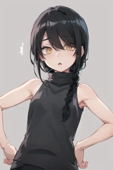 upper body, nayuta, turtleneck, bare shoulders, bare arms, ringed eyes, red eyes, black hair, single braid, hands on hips, :o, (embarrassed), <lora:nayutaend-08:0.7>