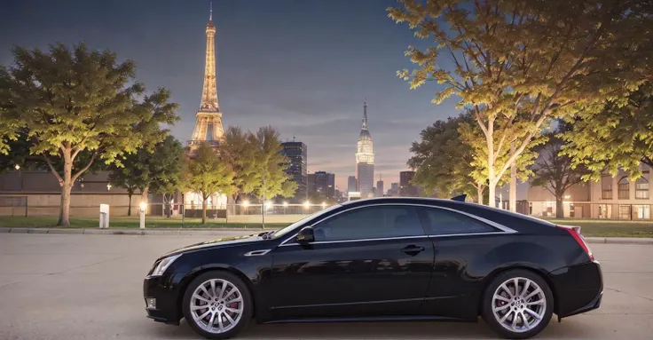 (establishing shot:1.5) high-resolution 8k photograph of a matte black 2014cts coupe (low view:1.5), downtown Paris at dusk, Eiffel tower in background, (studio lighting), sharp focus, shallow depth of field, bokeh, lens flare, <lora:2014cts:0.6>