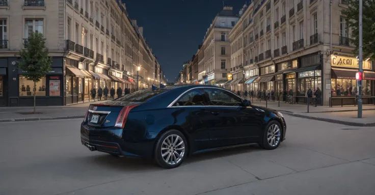 high-resolution 8k photograph of bright blue metallic 2014cts in downtown Paris at night, (studio lighting), (motion blur:1) <lora:2014cts2-000016:0.4>