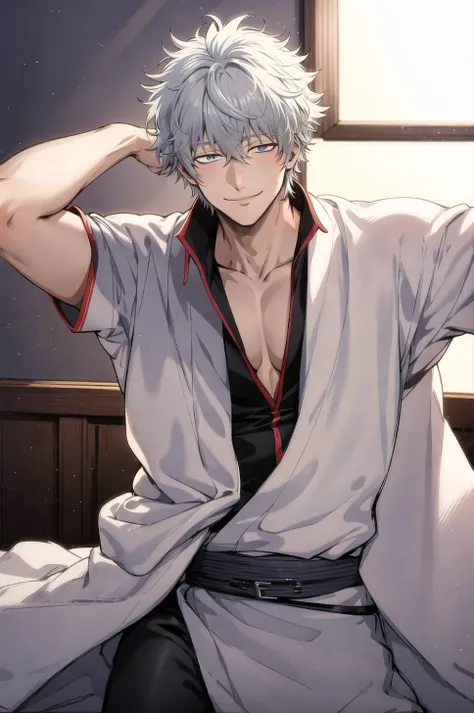 masterpiece, best quality, detailed, 1boy, male focus, sakata gintoki, <lora:SakataGintokiV1:0.55>, light smile, portrait, close portrait, arm behind head, indoors