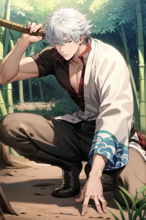 masterpiece, best quality, detailed, 1boy, male focus, bamboo, forest, holding weapon, serious, sakata gintoki, outdoors, gintoki outfit, <lora:SakataGintokiV1:0.5>, open clothes, crouching, bokken, (black pants:0.6)