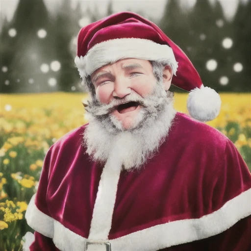 Perfectly-centered portrait-photograph of a real life godly (((orna santa))) (((robin williams))) 1man standing in flower meadow, beautiful eyes, highly detailed beard, ((sharp focus)), photo by Annie Leibovitz, intricate, natural lighting, stars, high quality, 4k, cover photo, modern disney style
