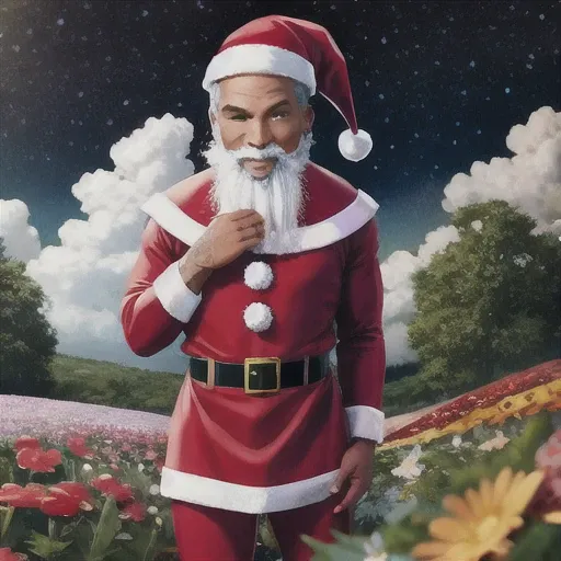 ((orna santa)) Mike Tyson 1man beautiful eyes, detail, flower meadow, cumulonimbus clouds, lighting, detailed sky, garden, ((sharp focus)), photo by Annie Leibovitz, intricate, natural lighting, stars, high quality, 4k, cover photo, modern disney style