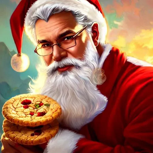 Perfectly-centered portrait-photograph of a real life godly orna santa with cookies descending from heaven, lifelike, super highly detailed, professional digital painting, artstation, concept art, Unreal Engine 5, Photorealism, HD quality, 8k resolution, cinema 4d, 3D, beautiful, cinematic, art by artgerm and greg rutkowski and alphonse mucha and loish and WLOP