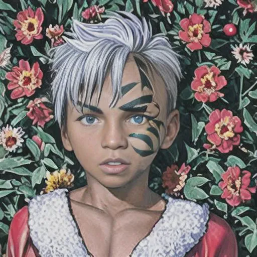 Perfectly-centered portrait-photograph of a real life godly ((orna santa)) (((Mike Tyson))) 1boy standing in flower meadow, beautiful eyes,((sharp focus)), photo by Annie Leibovitz, intricate, natural lighting, stars, high quality, 4k, cover photo, (((modern disney style)))