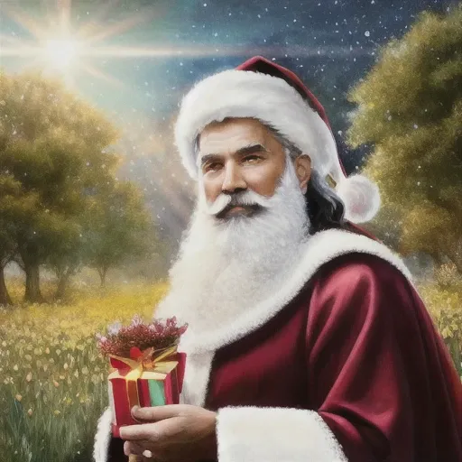 Perfectly-centered portrait-photograph of a real life godly 1man orna santa with cookies descending from heaven, stars, lifelike, super highly detailed, professional digital painting, artstation, christmas decor, Unreal Engine 5, Photorealism, HD quality, 8k resolution, cinema 4d, 3D, beautiful, cinematic, modern disney style, white hair, golden eyes, beautiful eyes, detail, flower meadow, cumulonimbus clouds, lighting, detailed sky, garden,art by artgerm and greg rutkowski and alphonse mucha and loish and WLOP