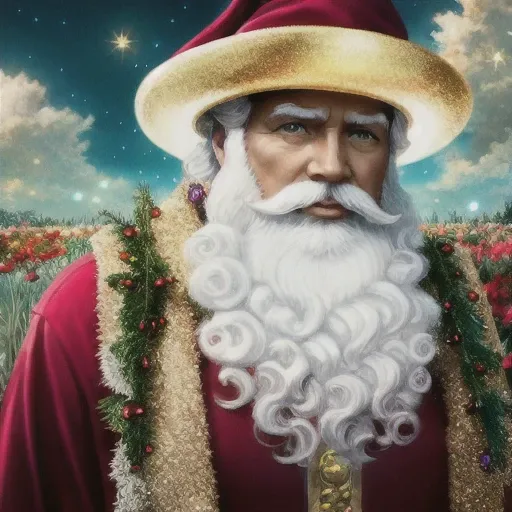 Perfectly-centered portrait-photograph of a real life godly 1man orna santa with cookies descending from heaven, stars, lifelike, super highly detailed, professional digital painting, artstation, christmas decor, Unreal Engine 5, Photorealism, HD quality, 8k resolution, cinema 4d, 3D, beautiful, cinematic, modern disney style, white hair, golden eyes, beautiful eyes, detail, flower meadow, cumulonimbus clouds, lighting, detailed sky, garden,art by artgerm and greg rutkowski and alphonse mucha and loish and WLOP