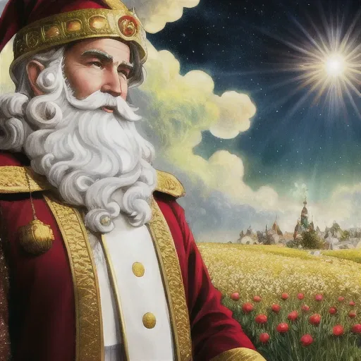 Perfectly-centered portrait-photograph of a real life godly 1man orna santa with cookies descending from heaven, stars, lifelike, super highly detailed, professional digital painting, artstation, christmas decor, Unreal Engine 5, Photorealism, HD quality, 8k resolution, cinema 4d, 3D, beautiful, cinematic, modern disney style, white hair, golden eyes, beautiful eyes, detail, flower meadow, cumulonimbus clouds, lighting, detailed sky, garden,art by artgerm and greg rutkowski and alphonse mucha and loish and WLOP