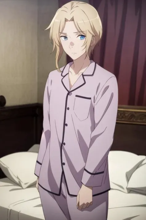 masterpiece, best quality, high quality, 1boy, solo, male focus, looking at viewer, , , <lora:keith_claes:0.70>, keith_claes, blue eyes, blonde hair, pajamas
