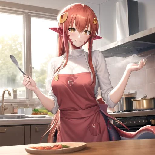 masterpiece, best quality, 1girl, solo, miia, facial mark, smile, apron, cooking, holding pan, steam, kitchen, oven, indoors <lora:Miia (Monster Musume):1>