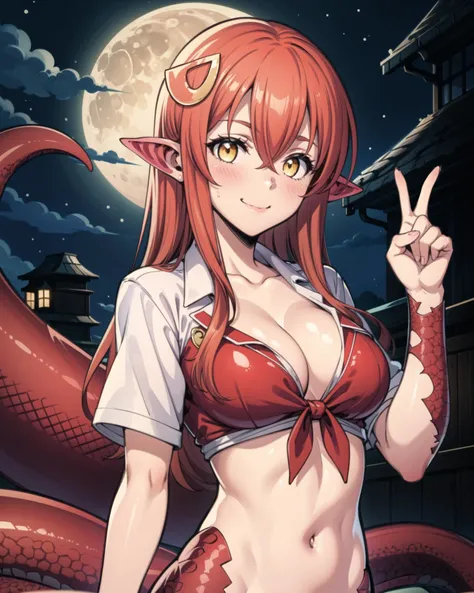 <lyco:aiomonstergirls_aiov2LoraLocon:1.2>, <lora:MiiaV1.3:1.1>, 1girl, bangs, blurry_background, blush, breasts, cleavage, closed_mouth, collarbone, depth_of_field, front-tie_top, hair_between_eyes, hair_ornament, hairclip, hand_up, (lamia:1.2), large_breasts, long_hair, looking_at_viewer, midriff, miia_\(monster_musume\), monster_girl, moon, navel, night, pointy_ears, red_hair, scales, shirt, sidelocks, sky, slit_pupils, smile, solo, tied_shirt, upper_body, yellow_eyes, <lora:add_detail:0.5>, perfect composition
