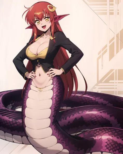 Lamia, anime girl, lamia girl, red hair, 2 girls, embarrassed face, blushing