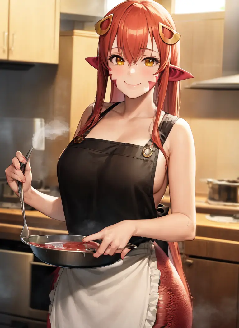 masterpiece, best quality, 1girl, solo, miia, facial mark, smile, apron, cooking, holding pan, steam, kitchen, oven, indoors <lora:Miia (Monster Musume):1>