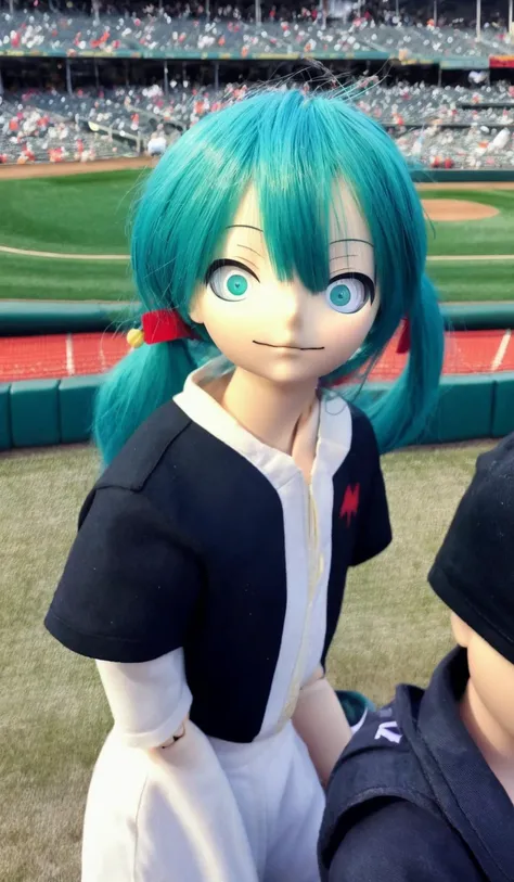 RAW photo creepy miku doll hanging out at a baseball game <lora:narumiku-run8-e32:1>