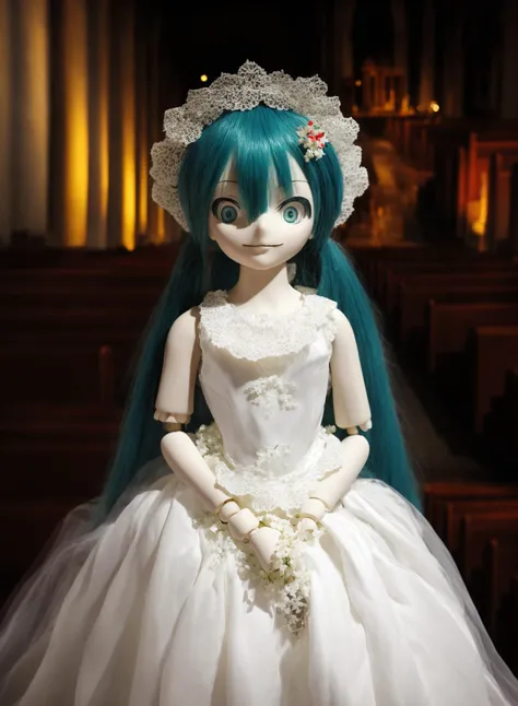 creepy miku doll dressed in a white wedding dress in an extremely dark church, flashlight, narupajin, black background, bokeh, holding napkin <lora:narumiku-run8-e32:1>