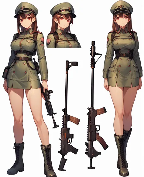 score_9, score_8_up, score_7_up, score_6_up, source anime, 1girl, solo, standing, military uniform, boots, full body, brown hair, cap, rifle, weapon, holding weapon, white background, simple background, science fiction, futuristic, large breasts, skirt, red eyes, (multiple views:1.4)