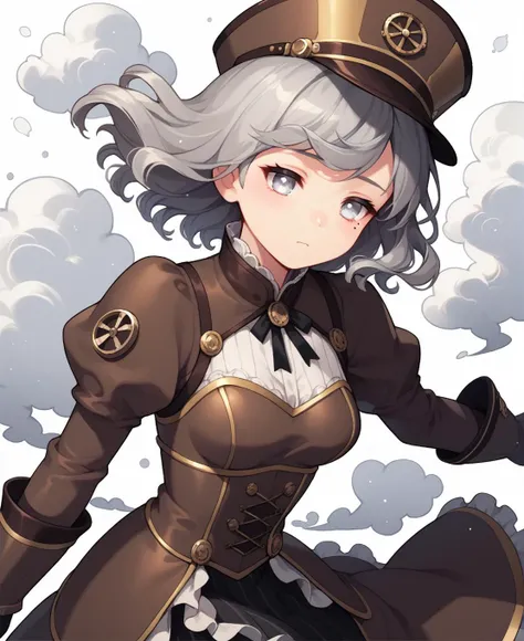 score_9, score_8_up, score_7_up, score_6_up, source anime, 1girl, solo, grey hair, medium hair, wavy hair, hair pulled back, hairband, white eyes, mole, sleepy, cowboy shot, dynamic angle, steampunk dress, armor, hat, gloves, medium breasts, white background, epic scene, depth of field, wind, particles, wide angle, smoke, (from above:0.8)