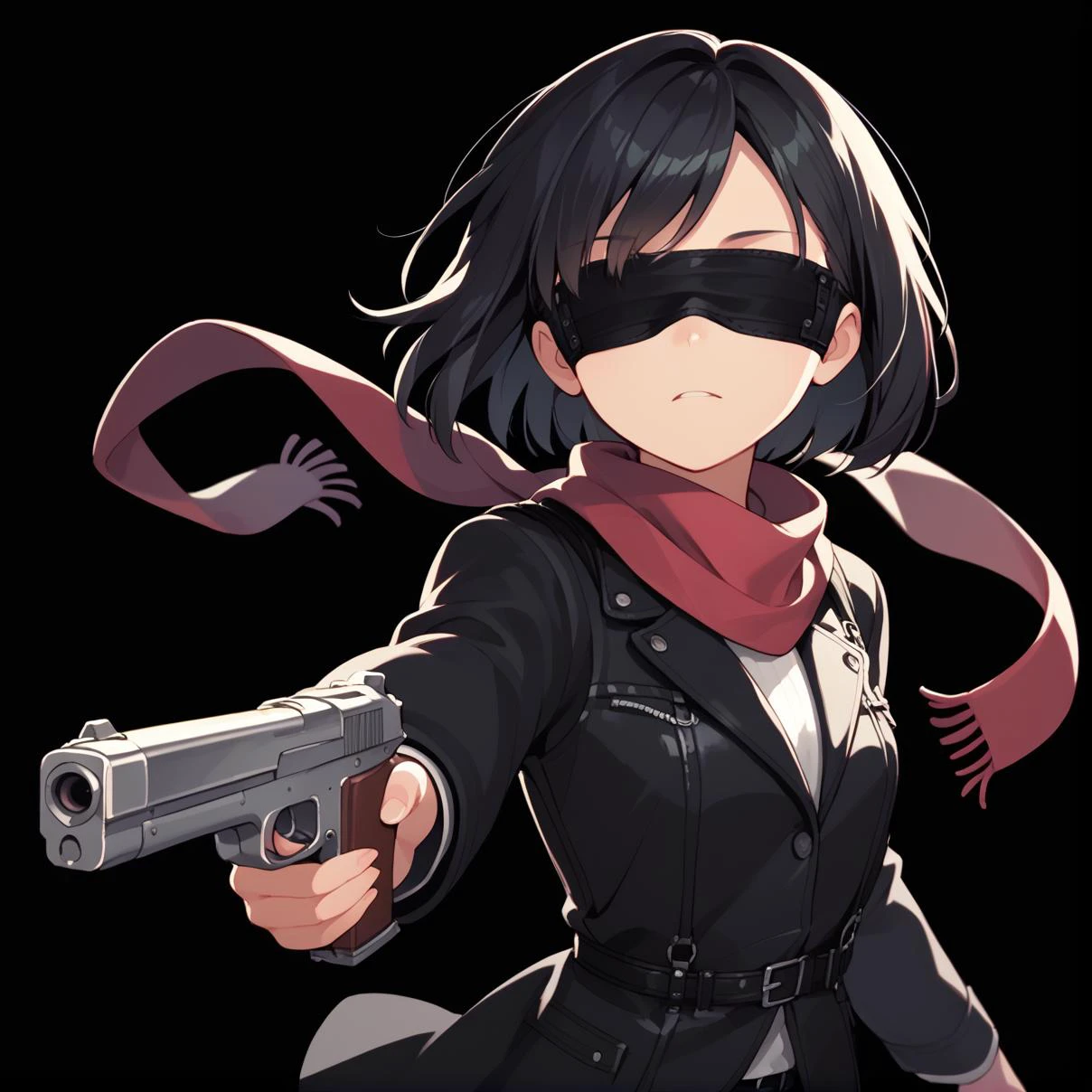 score_9, score_8_up, score_7_up, score_6_up, source anime, 1girl, solo, blindfold, scarf, gun, focus, depth of field, holding gun, dynamic angle, (outstretched arms:0.4),
black hair, medium hair, shirt, black background