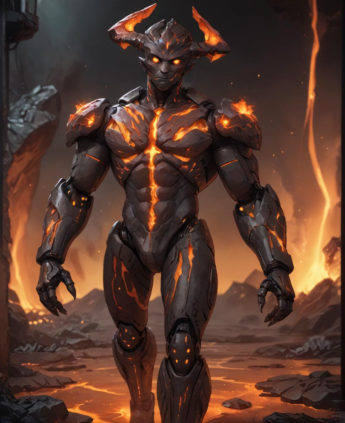 score_9,score_8_up,score_7_up,score_6_up,source anime BREAK,
1boy, muscular, demon, monster, horns, looking at viewer, science fiction, cyberpunk, metal, robot
magma, lava, glowing, molten rock,
<lora:magma_12_lbw_2:1.8>