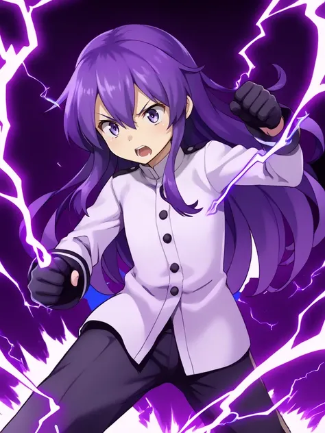 score_9, BREAK, source_anime,
1girl, akatsuki \(kancolle\), purple hair, long hair, hair between eyes, purple eyes, flat chest,
white shirt, buttons, long sleeves, black gloves, black pants, japanese military uniform, fight stance, electricity <lora:AkatsukiXL:1>