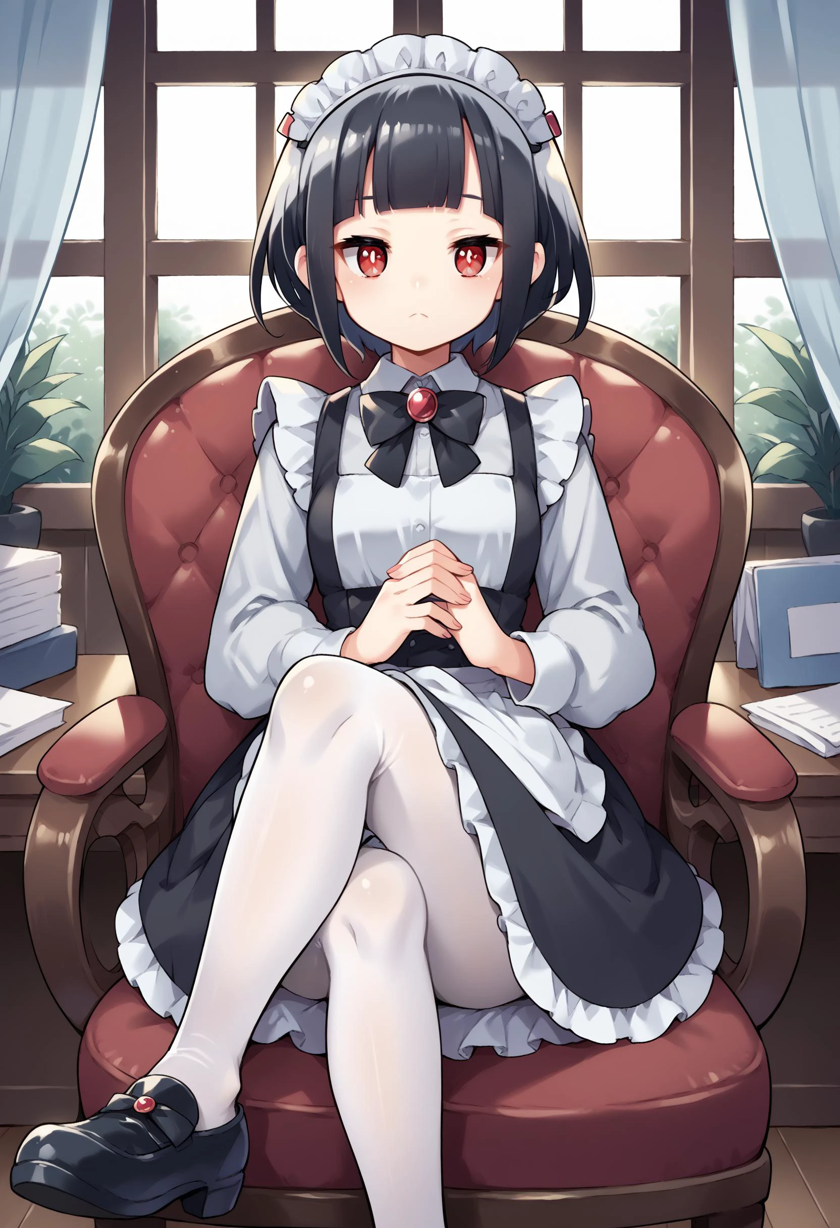 score_9, score_8_up, score_7_up, score_6_up, score_5_up, score_4_up, source_anime, <lora:Perfect Hands:1> Perfect Hands, <lora:PerfectEyesXL:1> perfecteyes ,
1girl, solo, <lora:Jitomi_Monoe_Pony:1> jitomi_monoe, red eyes, white pupils, bright pupils, black hair, two-tone hair, short hair, blunt bangs,
maid, oversized clothes, frills, white shirt, long shirt, puffy sleeves, very long sleeves, black bow tie, bow tie brooch, maid headdress, maid apron, white pantyhose, black shoes
sitting on chair, crossed legs, office, window, table,