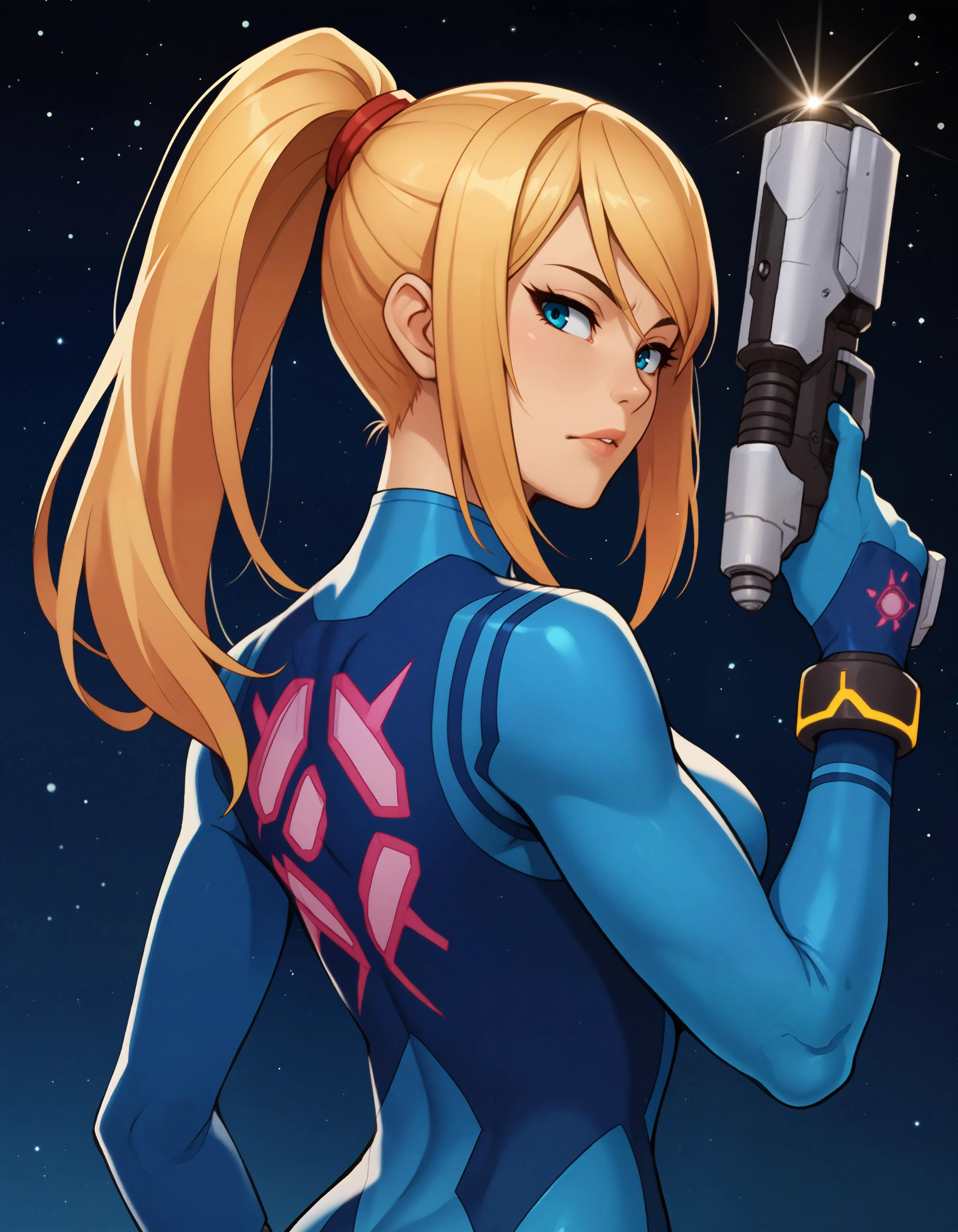 embedding:PonyXLV6_Scores, 1girl, upper body, samus aran, toned, zero suit, holding gun, reloading, energy gun, looking back, space, spacecraft, starry sky,