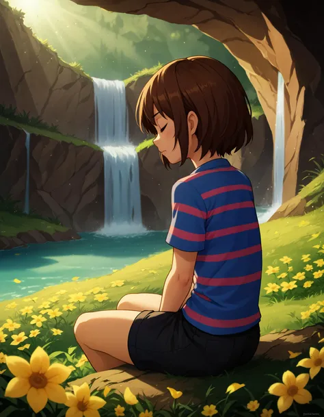 embedding:PonyXLV6_Scores, solo, frisk (undertale), closed eyes, looking away, striped shirt, sitting, yellow flower, flower field, cave, waterfall, light rays, bokeh, petals, landscape,