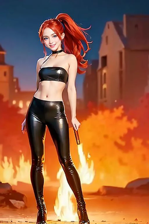 full body portrait, 2d, anime, hentai, dark theme, black background, fair skin, caucasian, woman, youthful adult, college age, 22 year old, standing, arms behind back, leather pants, tube top, bare shoulders, small breasts, long red hair in a ponytail, blue eyes, natural eyebrows, [Lithuanian], (smile, grin, loving expression, looking at viewer)