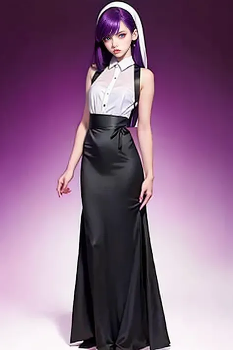 full body portrait, 2d, anime, hentai, dark theme, black background, pale skin, caucasian, girl, youthful adult, college age, 18 year old, standing, arms crossed, slim, maid, dress, apron, white shirt, small breasts, neat hair, long purple hair, amber eyes, natural eyebrows, [Portuguese], (angry, looking at viewer)
